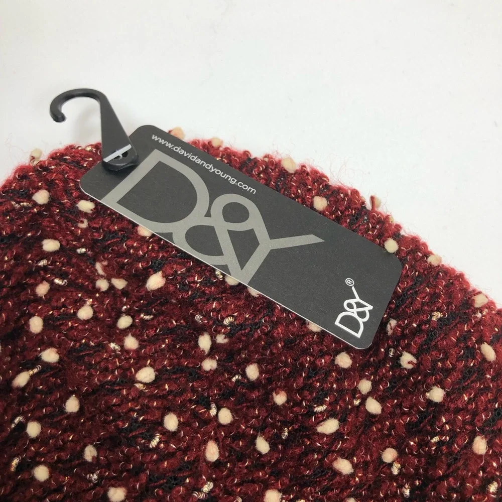 David & Young Knit Long Burgundy Black Ivory Tiny Pompons Stretchy Beanie Hat OS